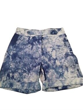 Weili Zheng Linen Blend Women's S‎ Tie-Dye Blue and White Bermuda Shorts